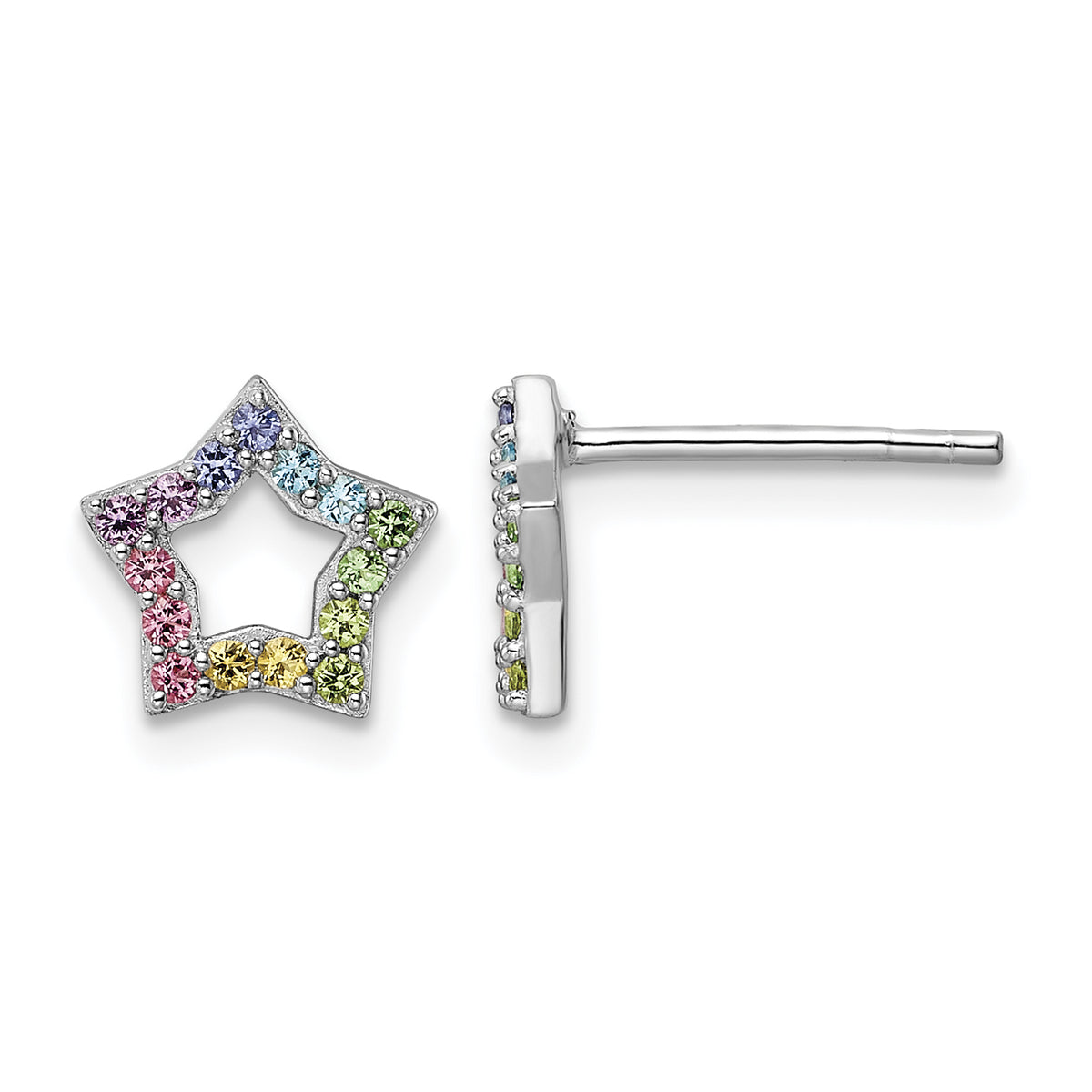 Sterling Silver Multicolor Crystal Star Earrings front and side view