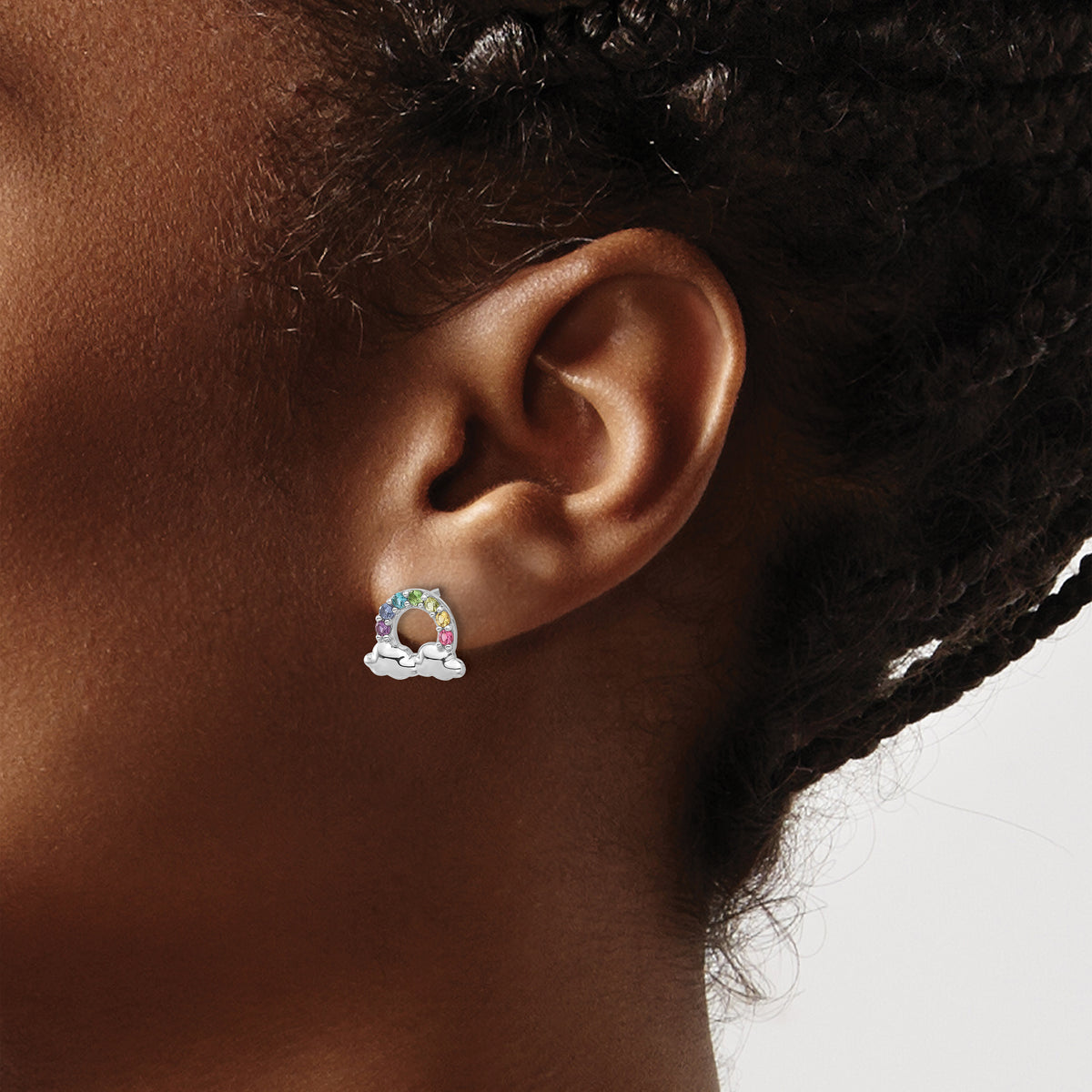 Children’s Crystal Rainbow and Cloud Earrings shown on ear