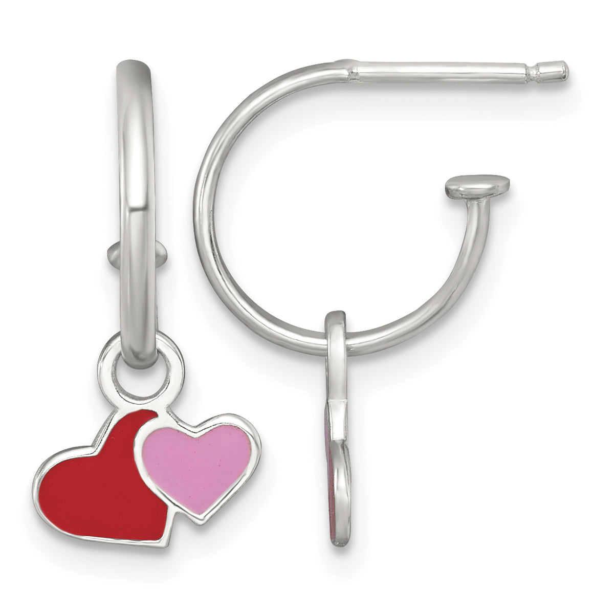Children’s Red and Pink Enamel Heart Hoop Earrings front and side view
