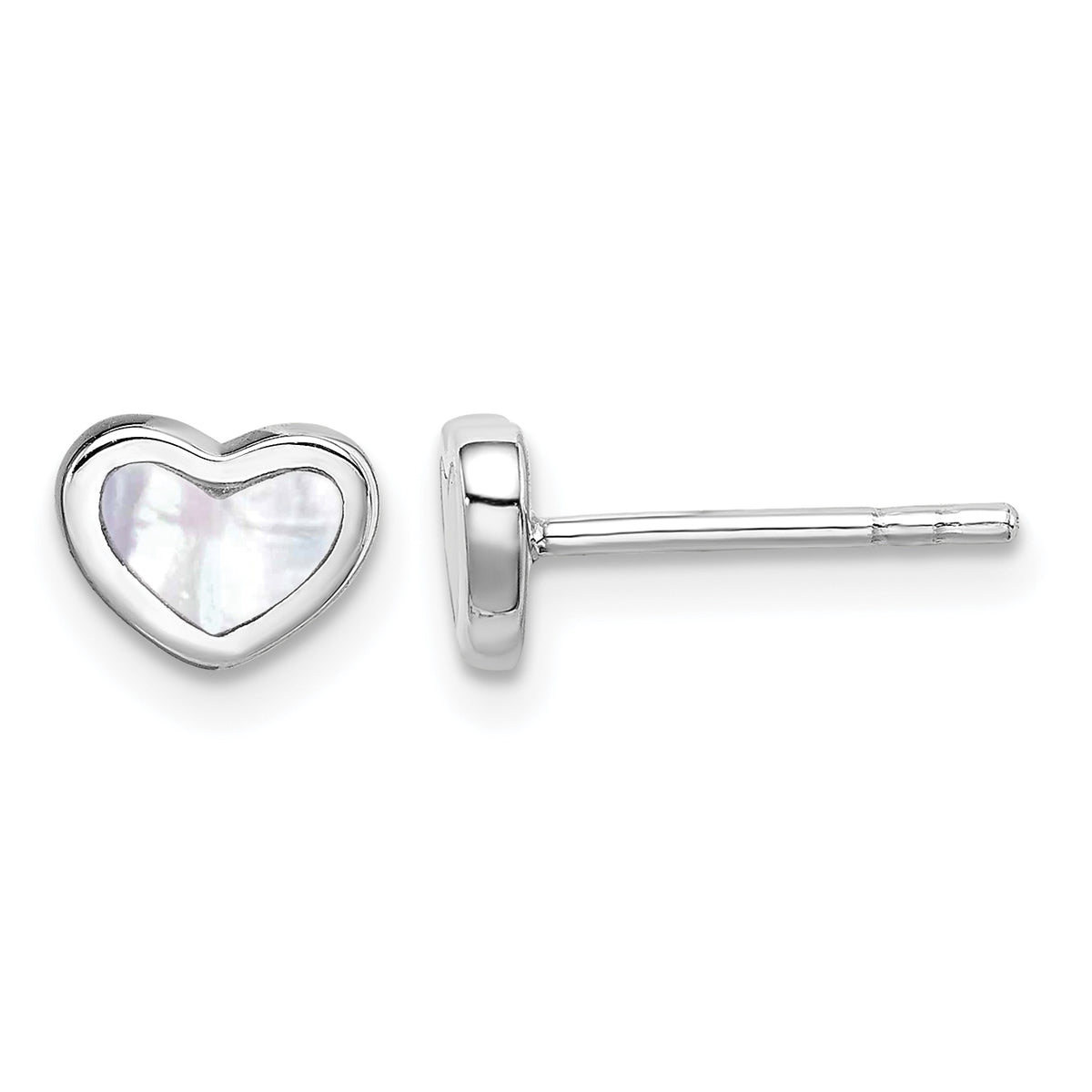 Children’s sterling silver mother-of-pearl heart earrings front and side view