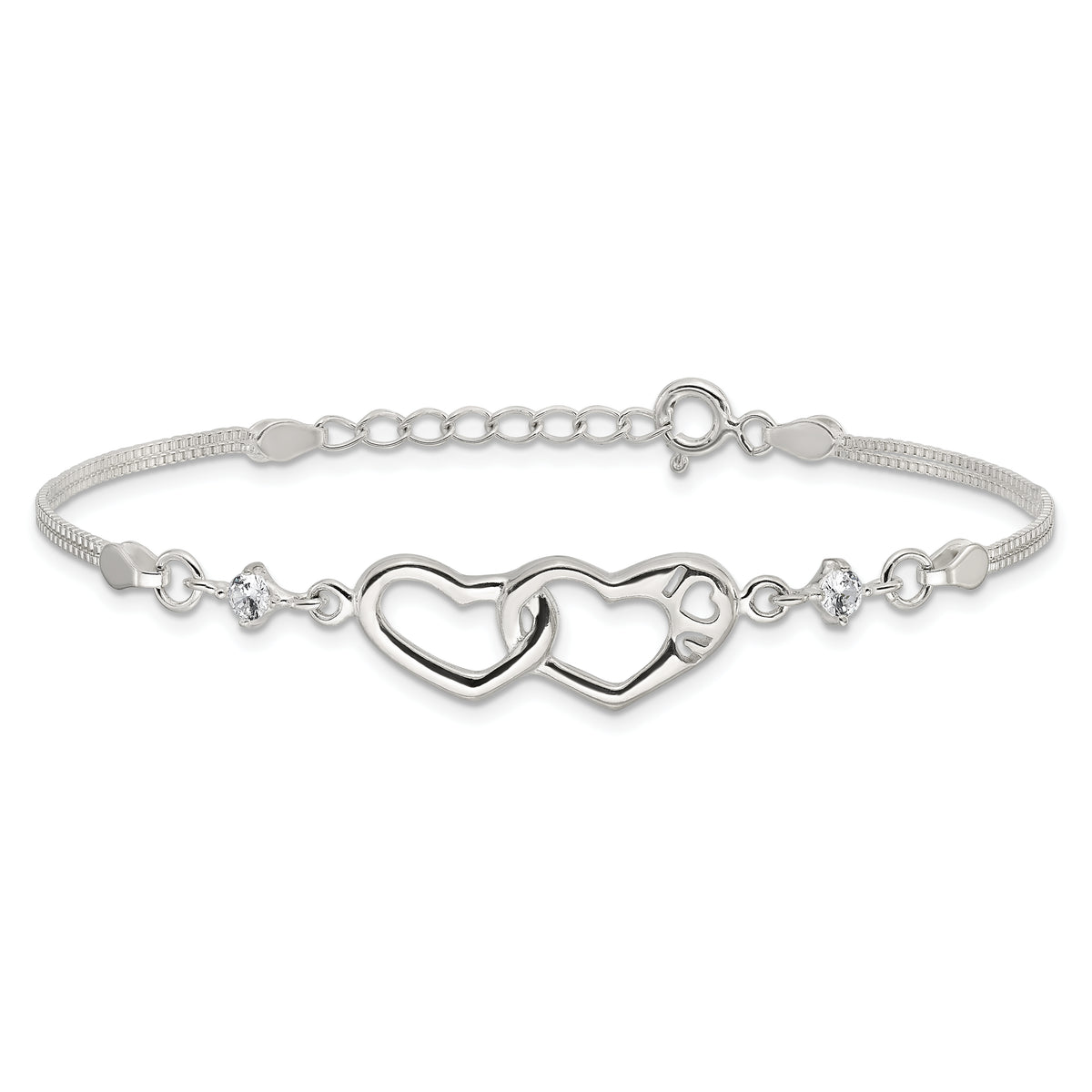 Sterling silver CZ interlocking heart bracelet front view