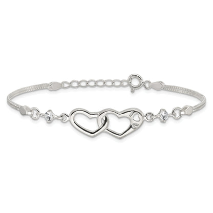 Sterling silver CZ interlocking heart bracelet front view