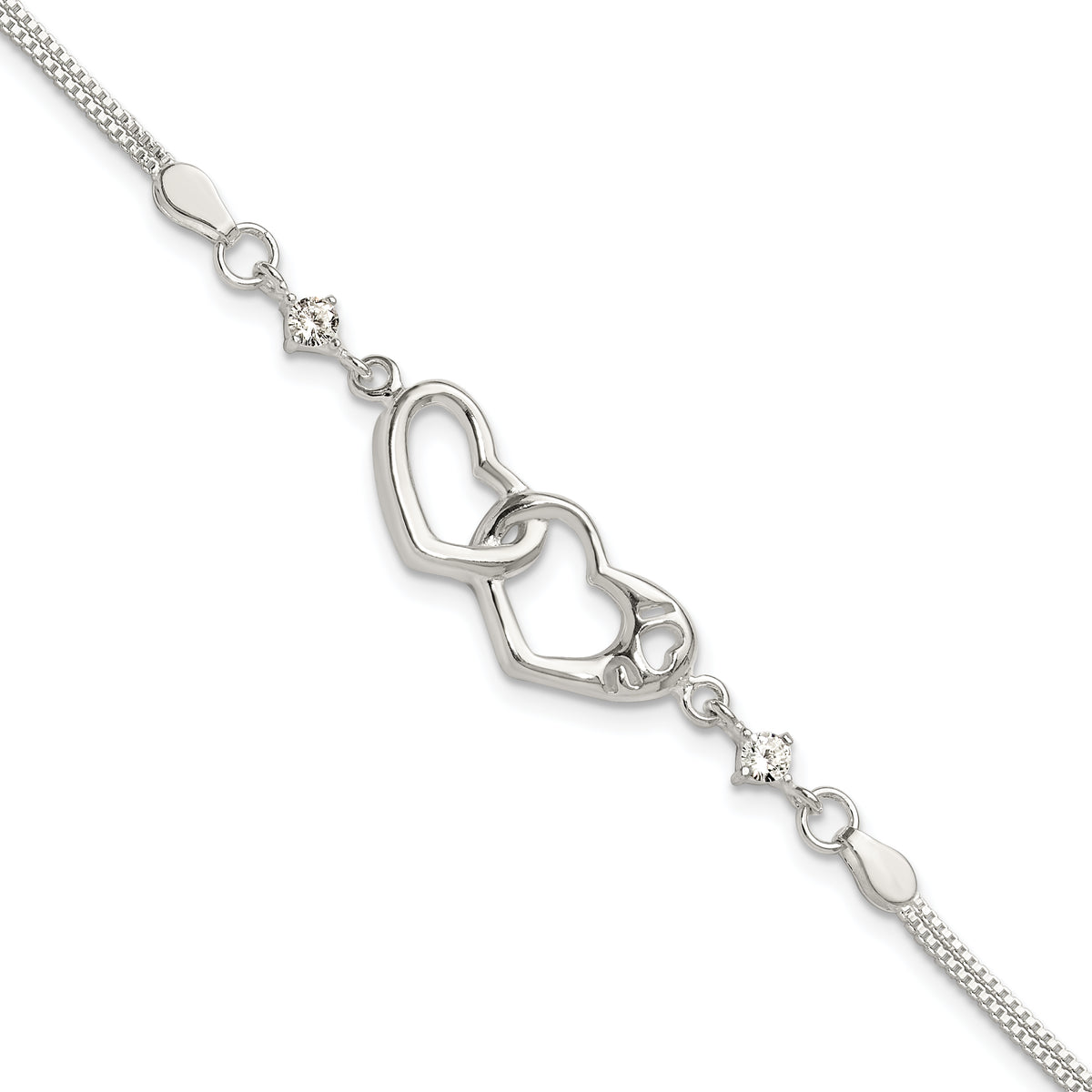 Sterling silver CZ interlocking heart adjustable bracelet front detail