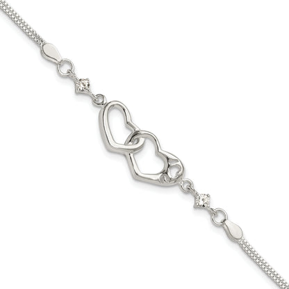 Sterling silver CZ interlocking heart adjustable bracelet front detail