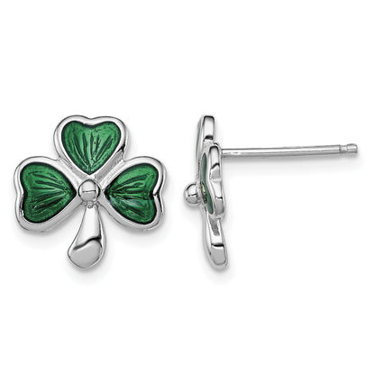 Children’s Green Enamel Shamrock Earrings front and side view