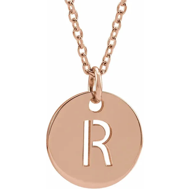 Initial disc necklace letter R in rose-gold finish