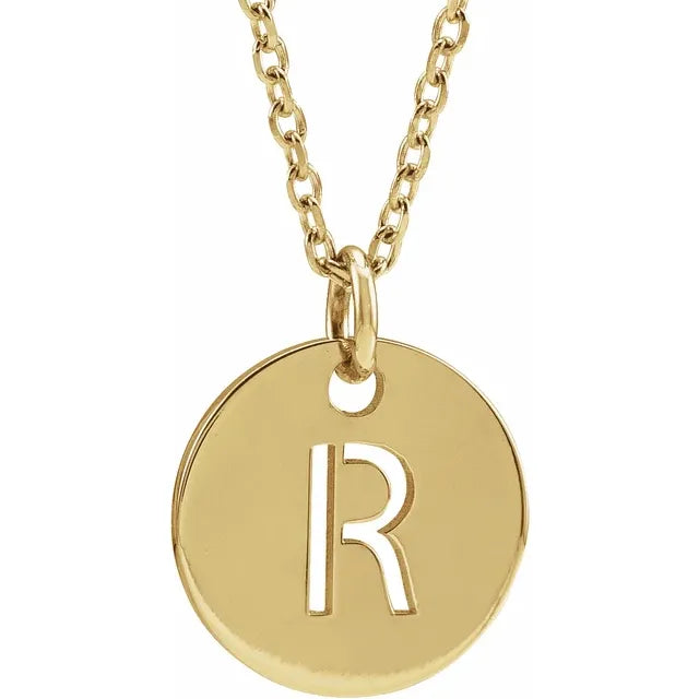 Initial disc necklace letter R in yellow-gold finish