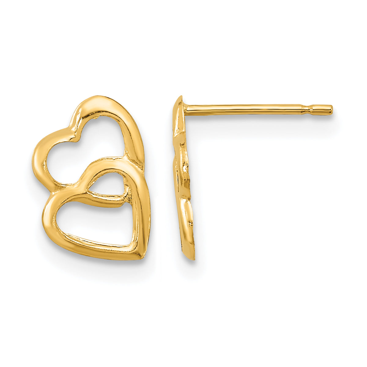 Petite 14K Gold Double Heart Stud Earrings front and side view
