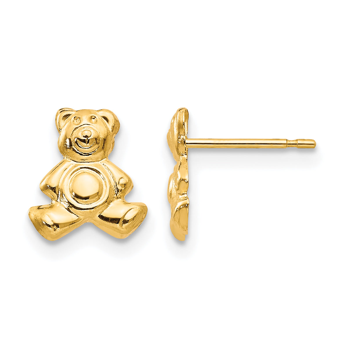 Children’s 14K yellow gold teddy bear earrings front and side view