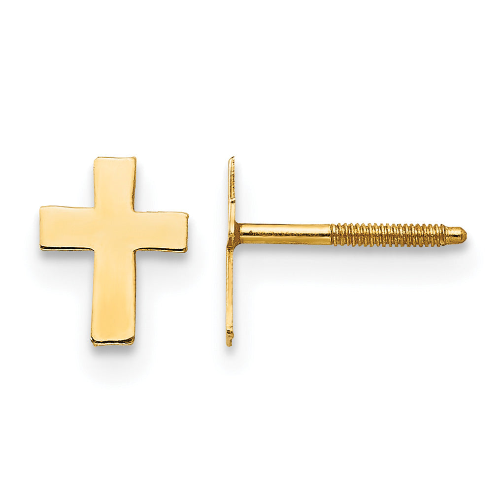 Children’s 14K yellow gold tiny cross earrings front and side view