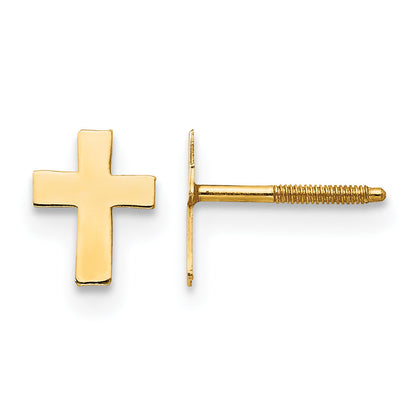Children’s 14K yellow gold tiny cross earrings front and side view