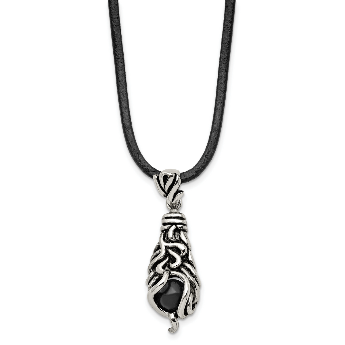Stainless steel black agate pendant on leather cord, full view