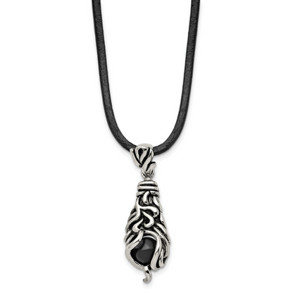 Stainless steel black agate pendant on leather cord, full view
