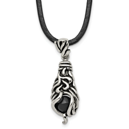 Stainless steel black agate pendant on leather cord, pendant detail