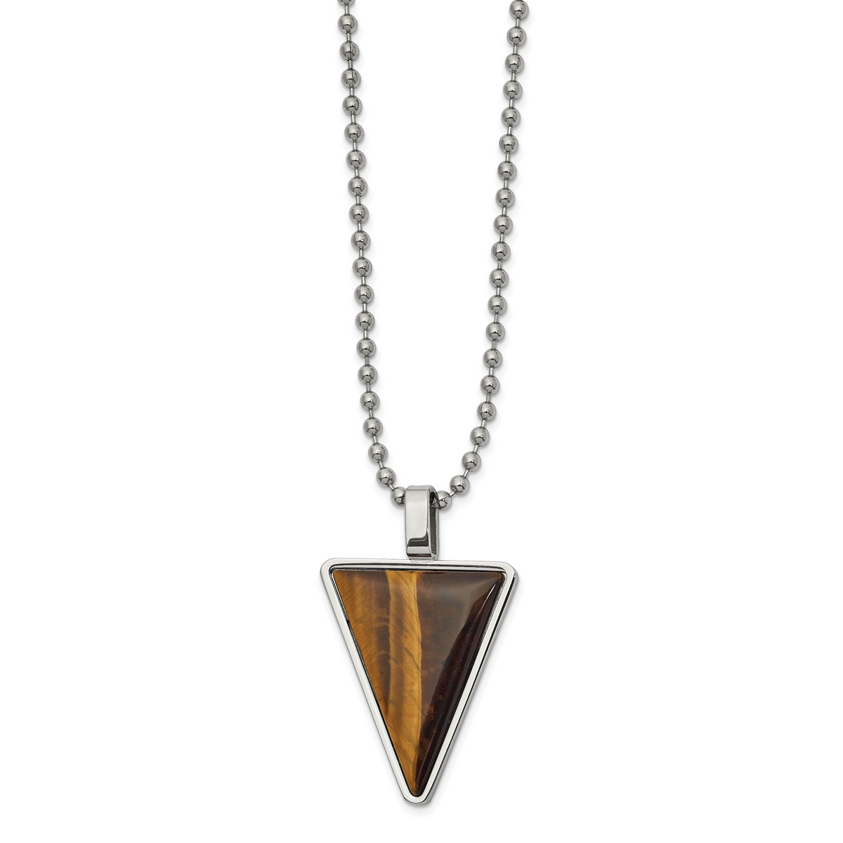 Stainless steel tiger's eye triangle pendant necklace for men, pendant detail
