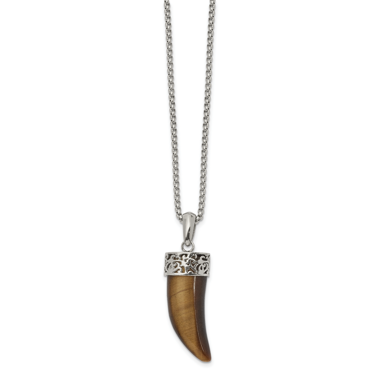 Stainless steel tiger's eye horn pendant necklace for men, full view