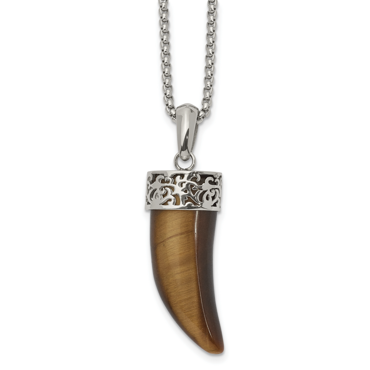 Stainless steel tiger's eye horn pendant necklace for men, pendant detail
