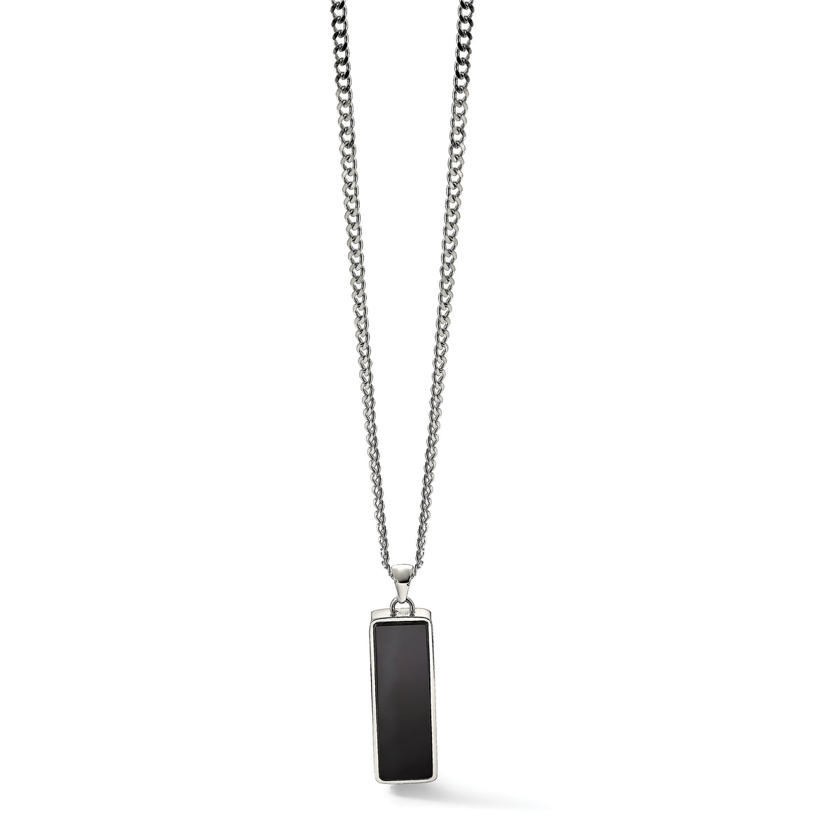 Stainless steel black onyx inlay rectangle pendant necklace, full view