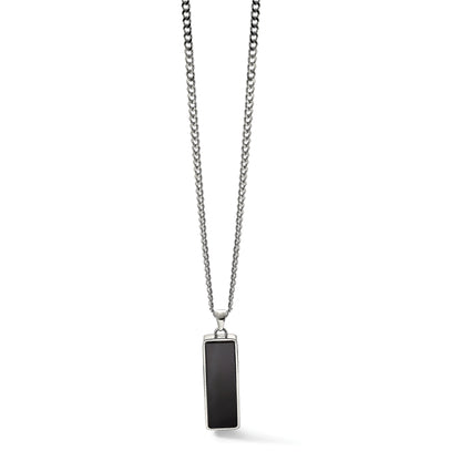 Stainless steel black onyx inlay rectangle pendant necklace, full view
