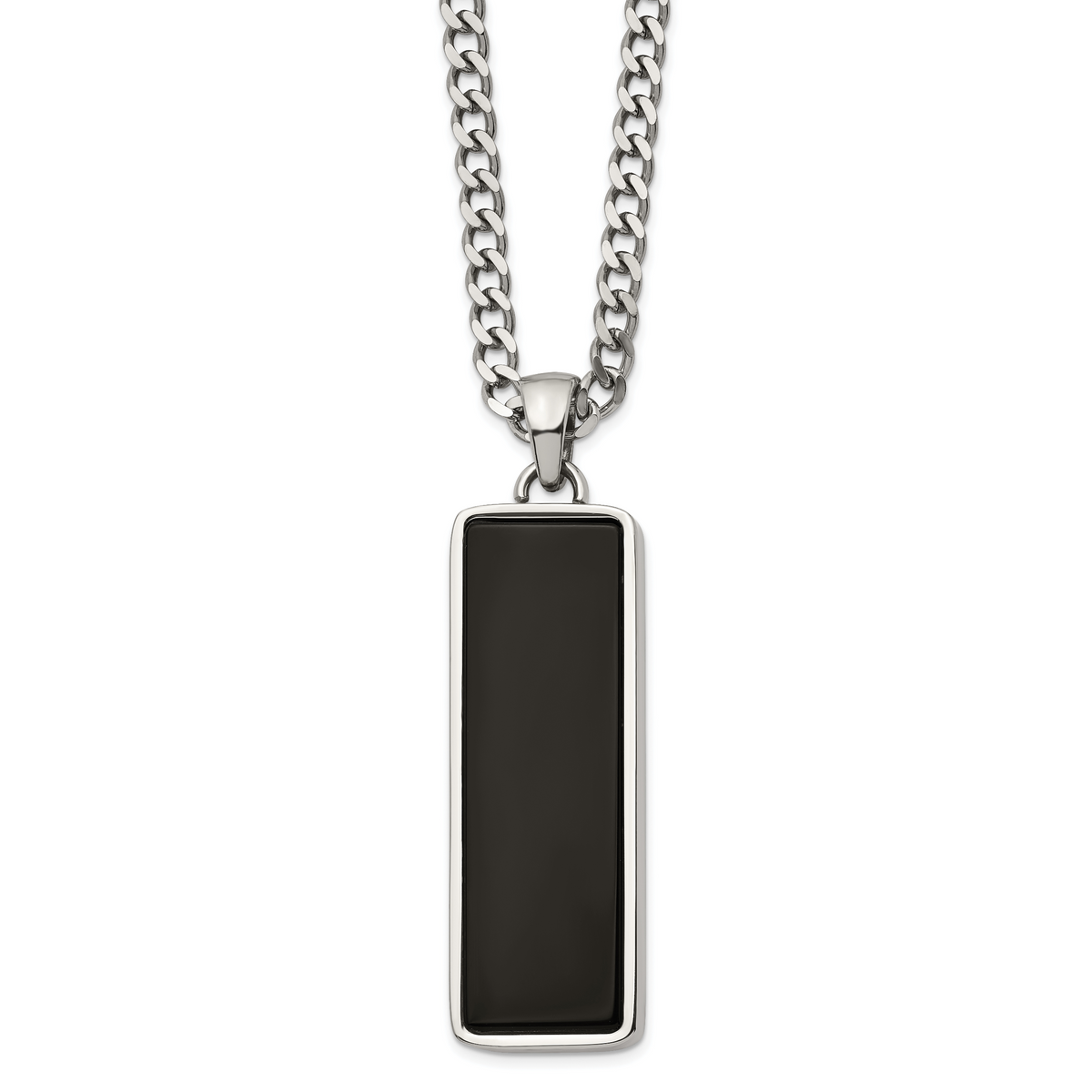 Stainless steel black onyx inlay rectangle pendant necklace, pendant detail