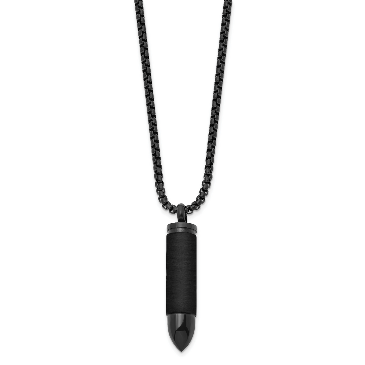 Black IP stainless steel bullet capsule necklace for men, full view