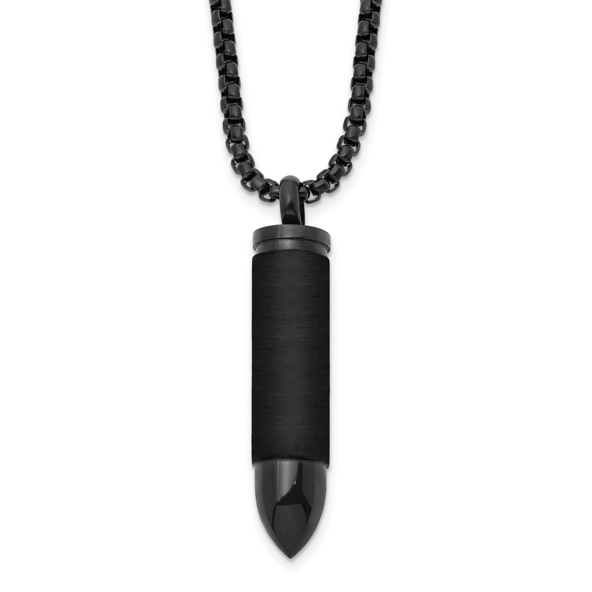 Black IP stainless steel bullet capsule necklace for men, pendant detail
