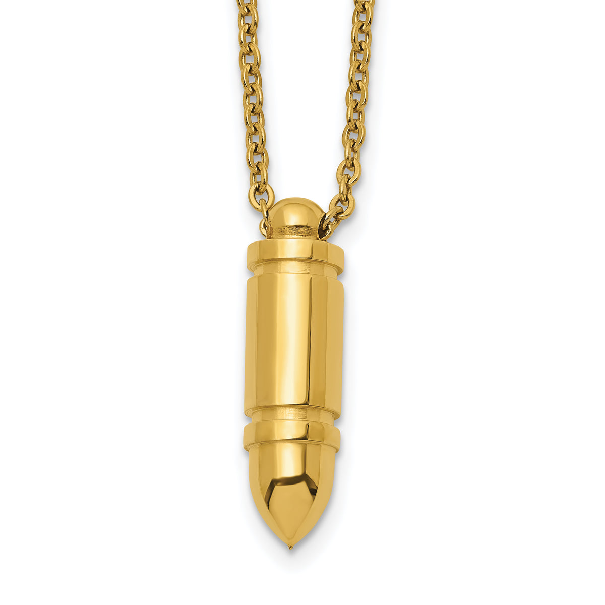 Gold-tone stainless steel bullet pendant necklace for men, pendant detail