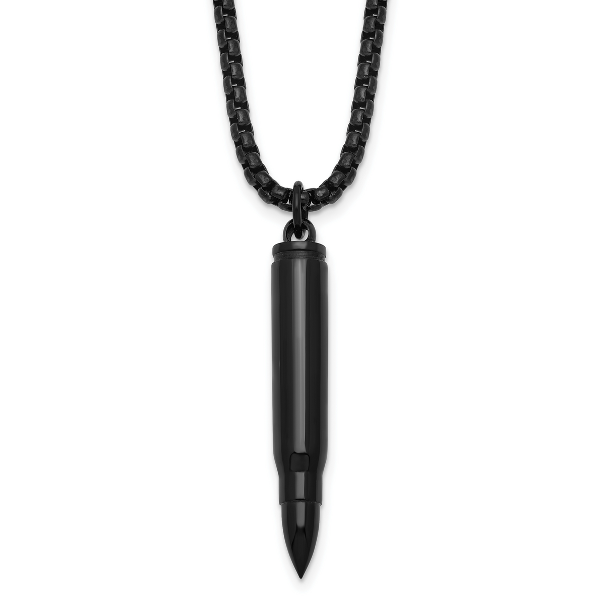 Black IP stainless steel bullet vial necklace for men, pendant detail