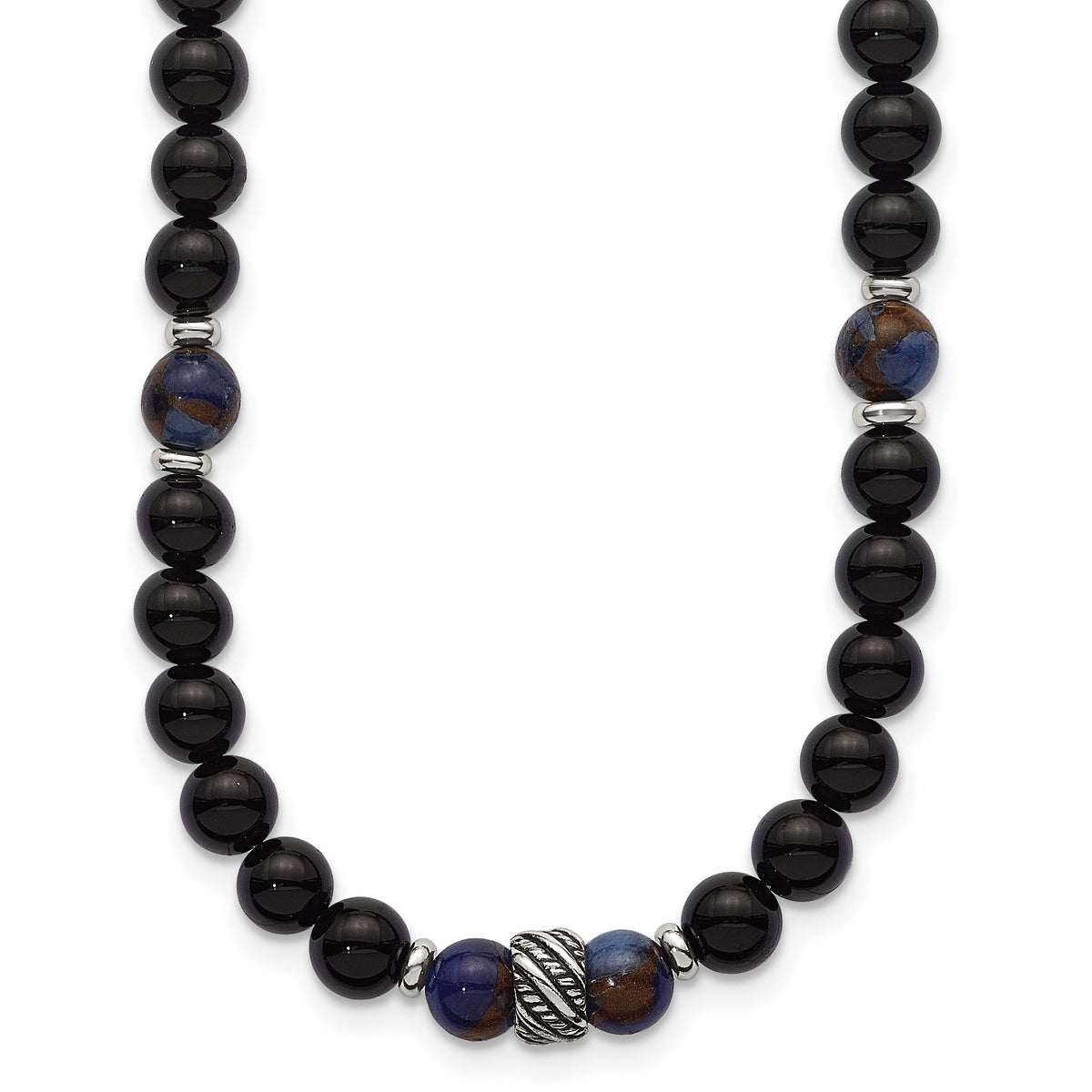 Stainless steel beaded stone necklace for men, full view