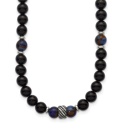 Stainless steel beaded stone necklace for men, full view