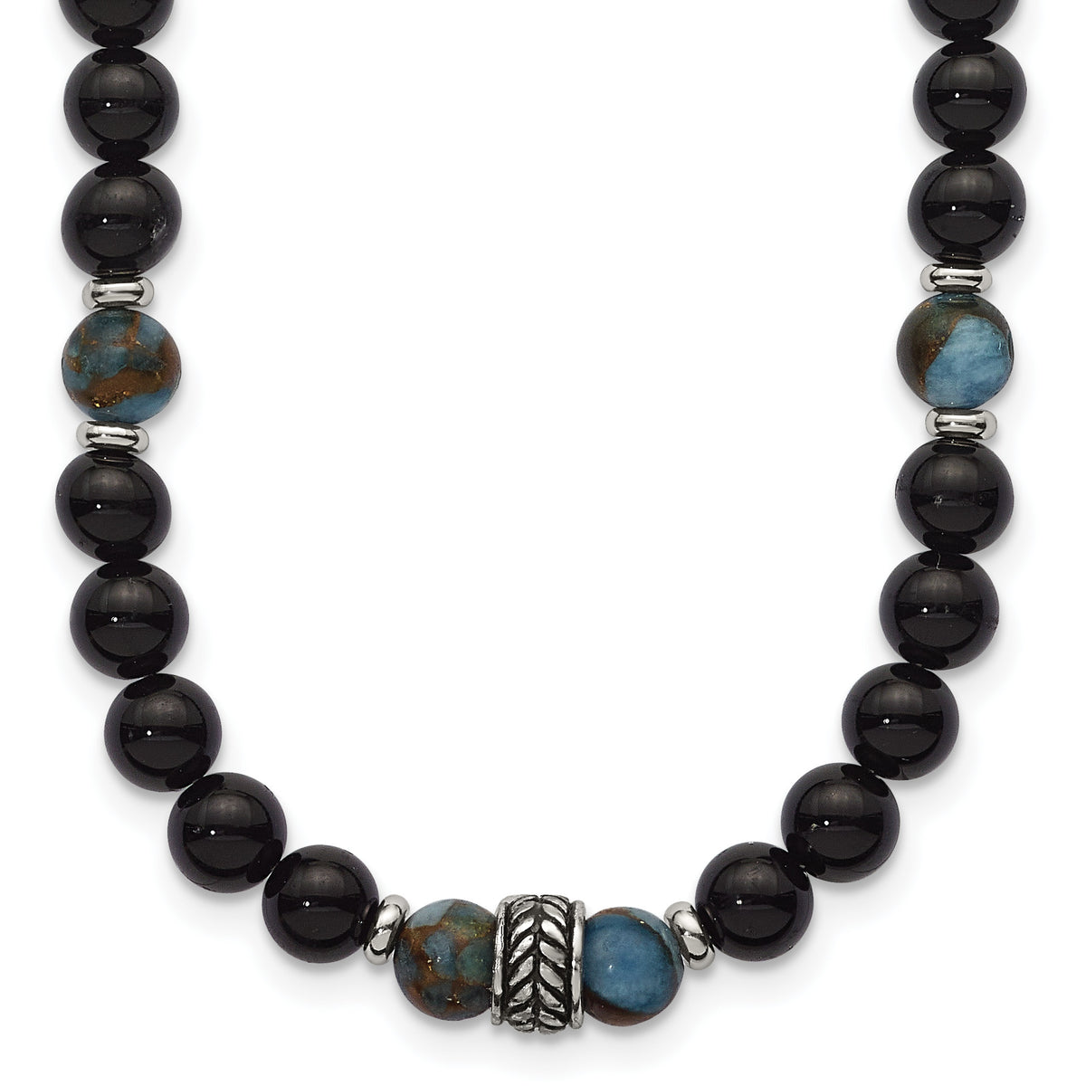 Stainless steel beaded stone necklace for men, black onyx and stone bead detail