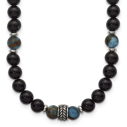 Stainless steel beaded stone necklace for men, black onyx and stone bead detail