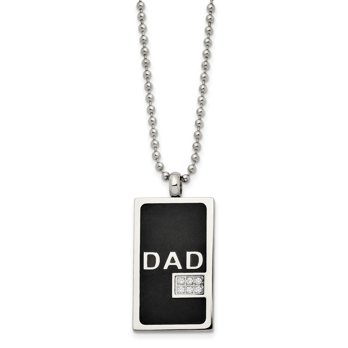 Black IP stainless steel CZ Dad dog tag necklace, full view