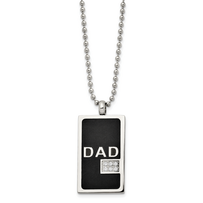 Black IP stainless steel CZ Dad dog tag necklace, full view