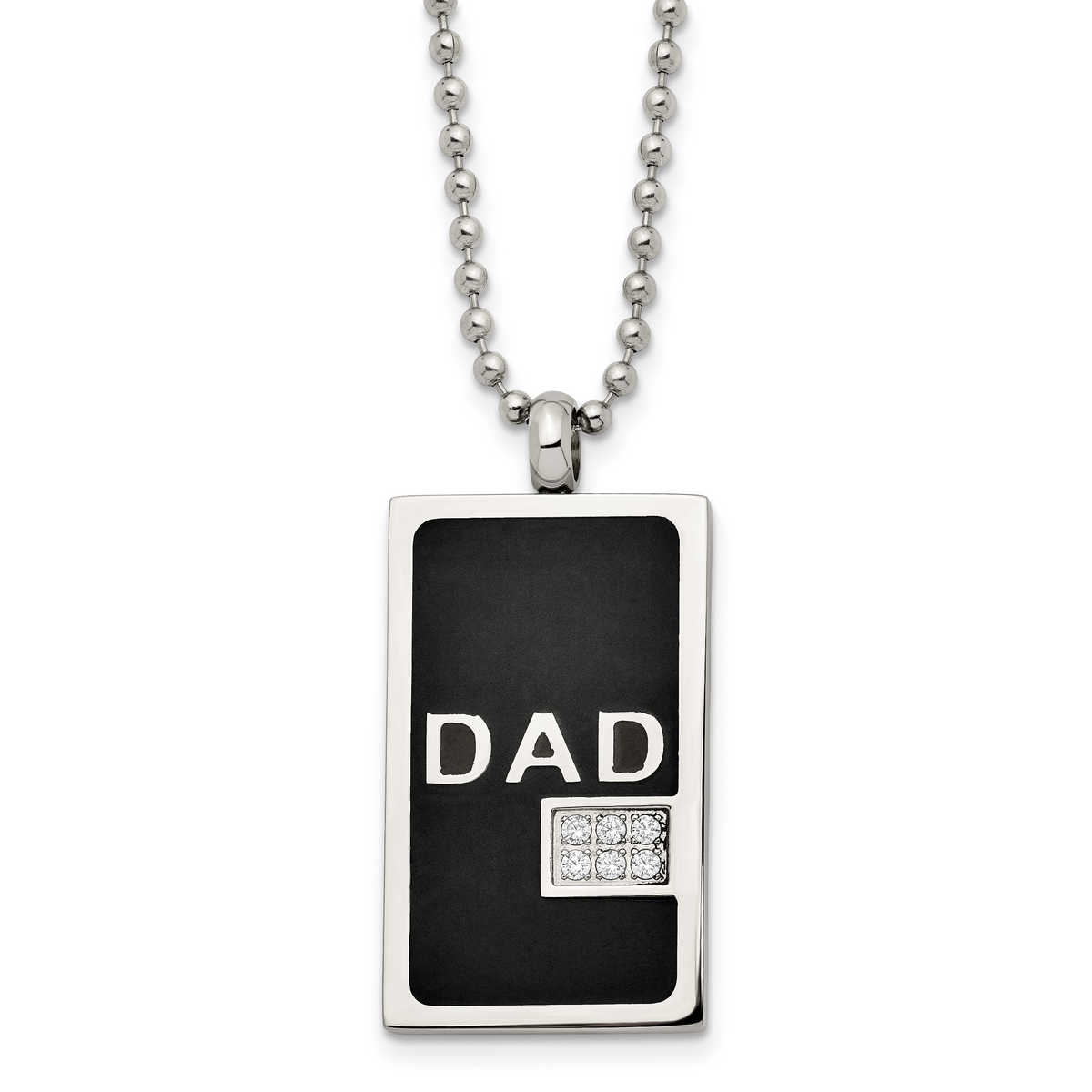 Black IP stainless steel CZ Dad dog tag necklace, pendant detail