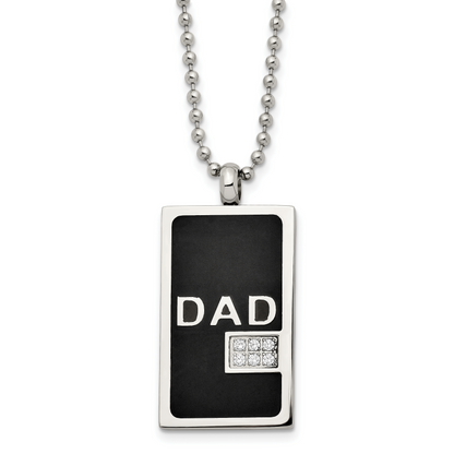 Black IP stainless steel CZ Dad dog tag necklace, pendant detail