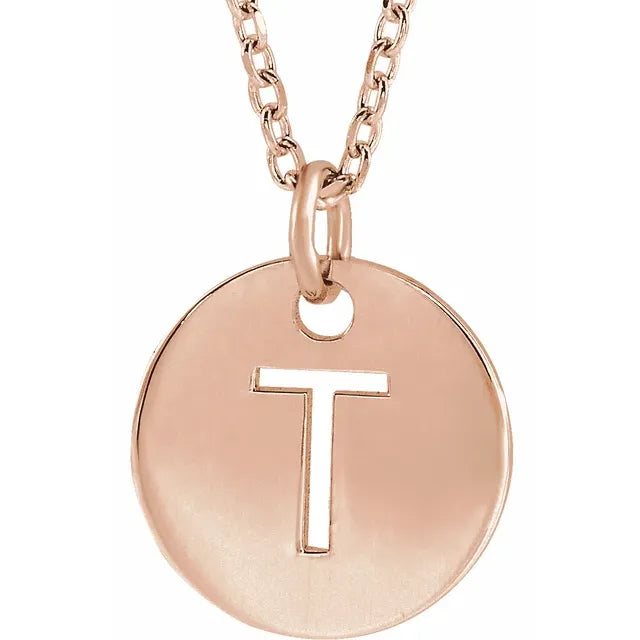Initial disc necklace letter T in rose-gold finish