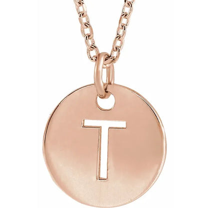 Initial disc necklace letter T in rose-gold finish
