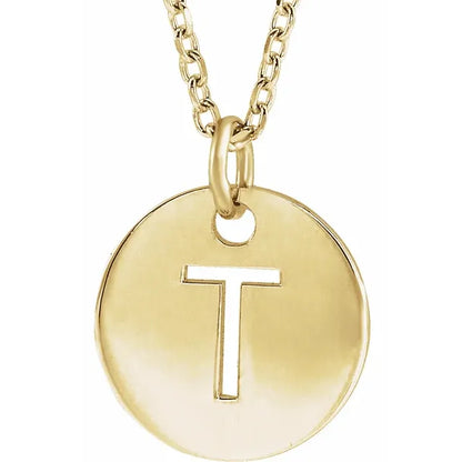 Initial disc necklace letter T in yellow-gold finish