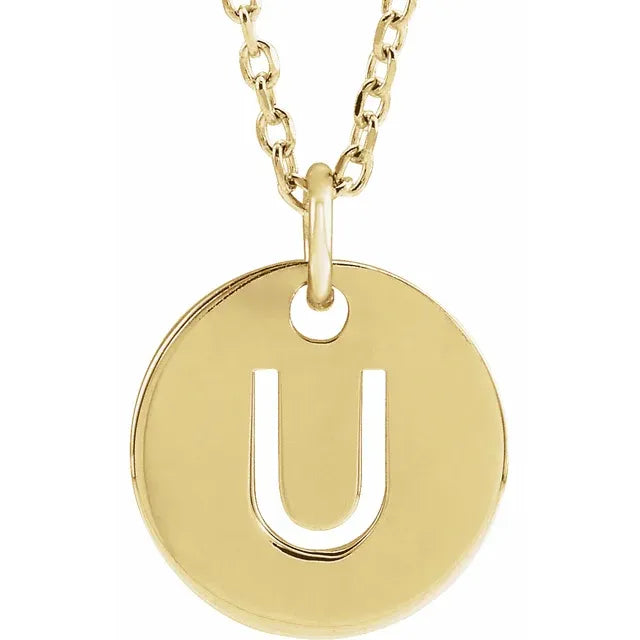 Initial disc necklace letter U in yellow-gold finish