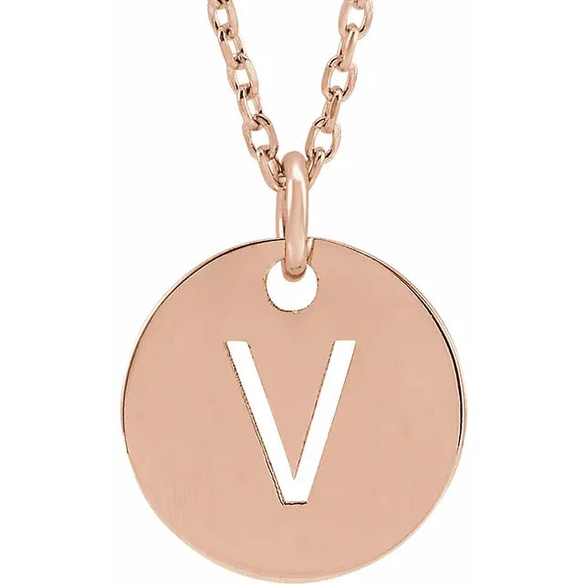 Initial disc necklace letter V in rose-gold finish