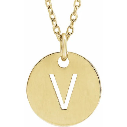 Initial disc necklace letter V in yellow-gold finish