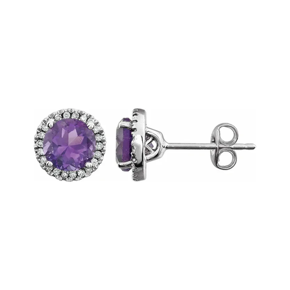 February Birthstone Halo Stud Earrings - Amethyst and Lab-Grown Diamond