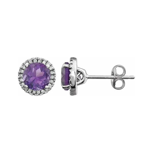 February Birthstone Halo Stud Earrings - Amethyst and Lab-Grown Diamond