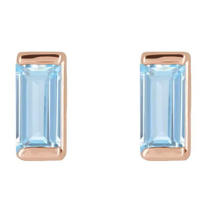 Lab-grown aqua sapphire baguette stud earrings in 14K rose gold, front view