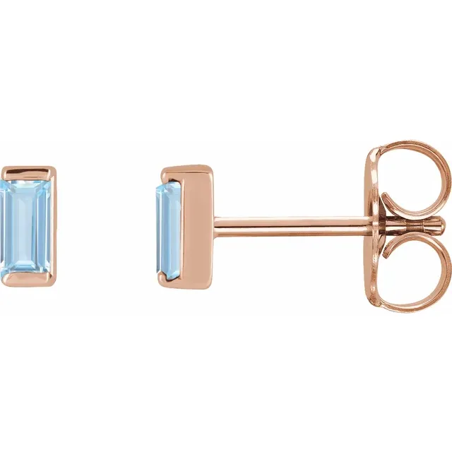 Lab-grown aqua sapphire baguette stud earrings in 14K rose gold, side view