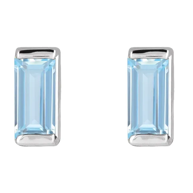 Lab-grown aqua sapphire baguette stud earrings in white metal, front view