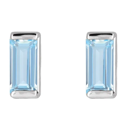 Lab-grown aqua sapphire baguette stud earrings in white metal, front view