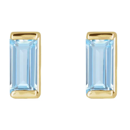 Lab-grown aqua sapphire baguette stud earrings in 14K yellow gold, front view
