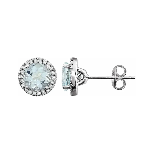 March Birthstone Halo Stud Earrings - Aquamarine and Lab-Grown Diamond